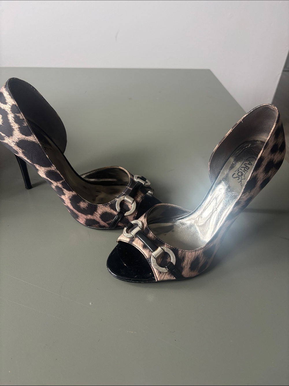 Carlos Santana Leopard Print Open-Toe D’Orsay Heels with Black Toe Cap